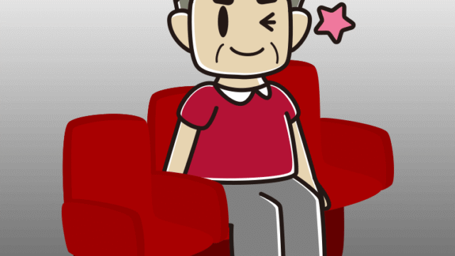 映画館（劇場）でウインクするおじさんのイラスト【色、背景あり】PNG