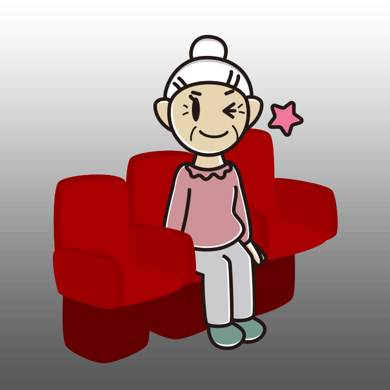 映画館（劇場）でウインクするおばあさんのイラスト【色、背景あり】PNG