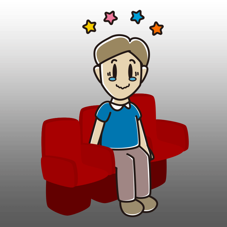 映画館（劇場）でジーンとする男性のイラスト【色、背景あり】PNG