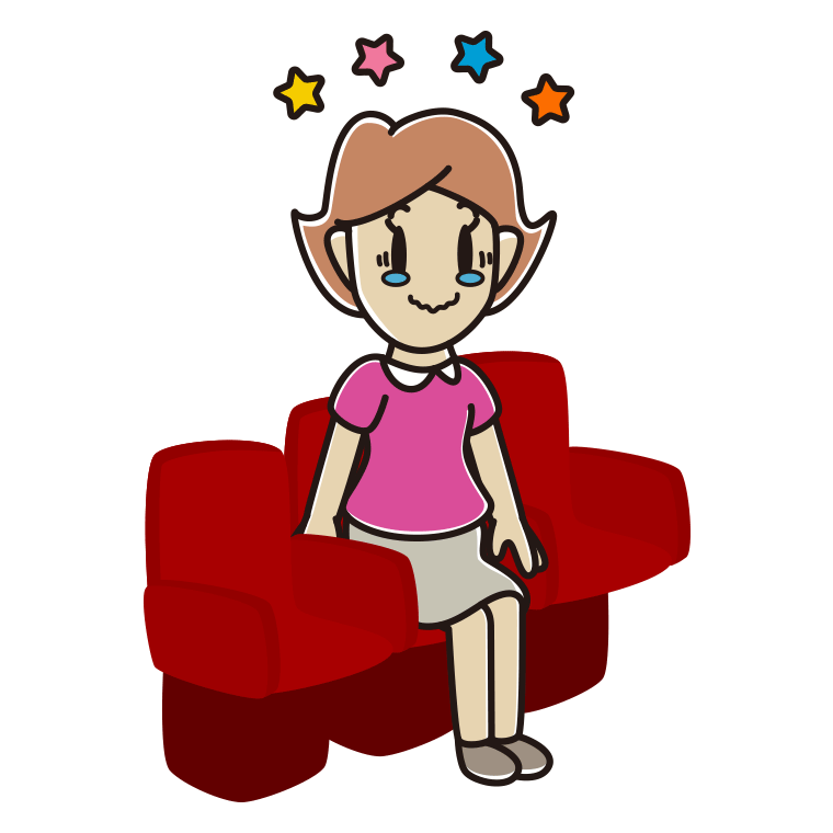 映画館（劇場）でジーンとする女性のイラスト【色あり、背景なし】透過PNG