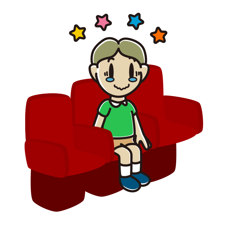 映画館（劇場）でジーンとする小学生男子のイラスト【色あり、背景なし】透過PNG