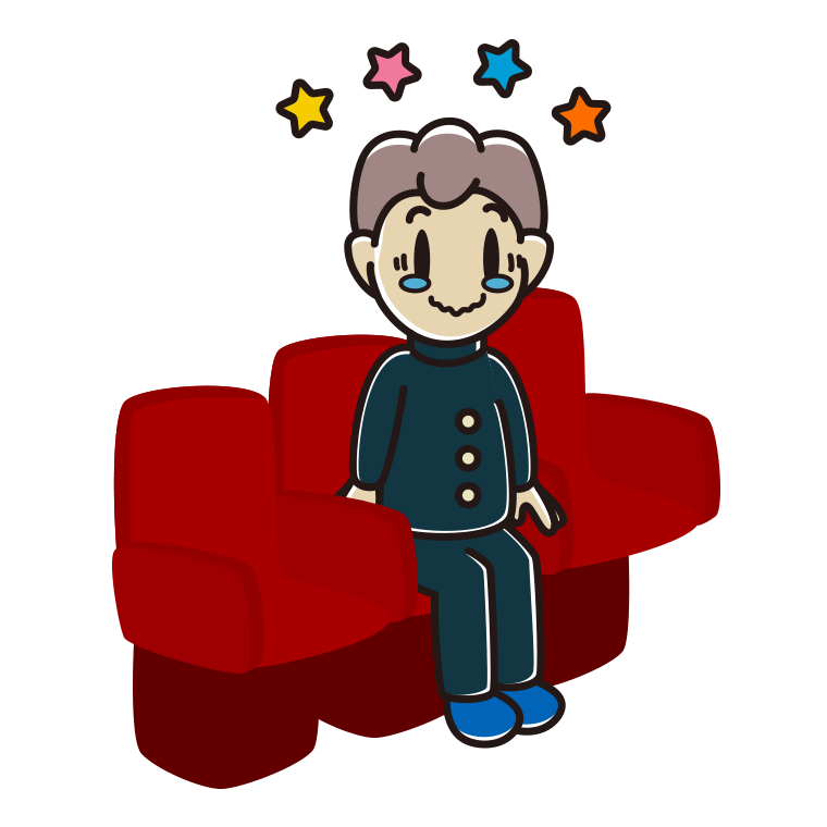 映画館（劇場）でジーンとする男子中学生のイラスト【色あり、背景なし】透過PNG
