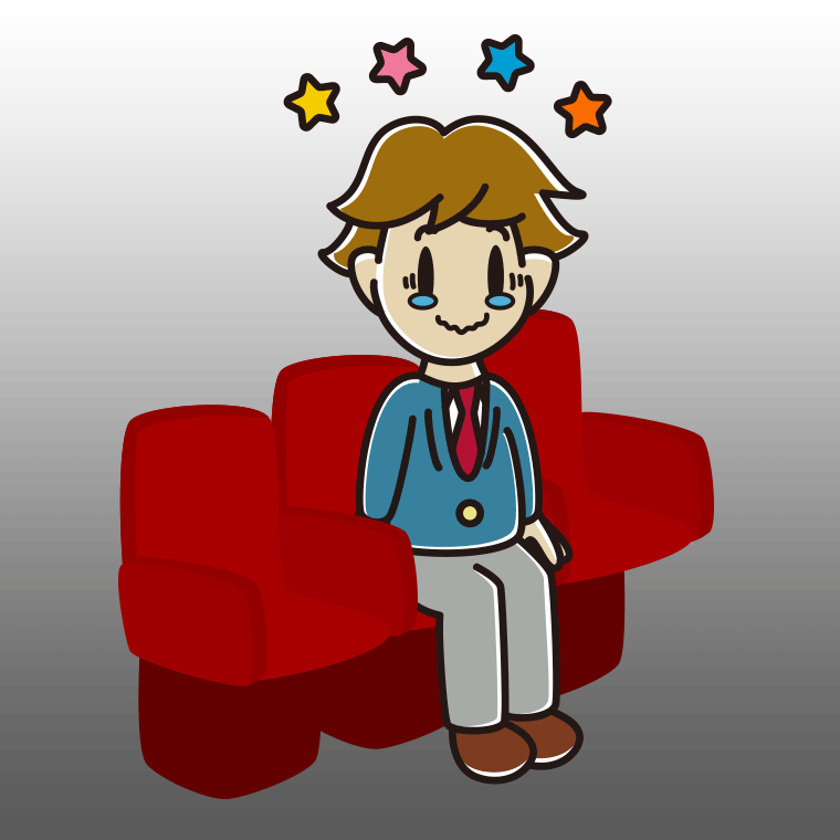 映画館（劇場）でジーンとする男子高校生のイラスト【色、背景あり】PNG