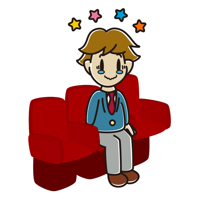 映画館（劇場）でジーンとする男子高校生のイラスト【色あり、背景なし】透過PNG