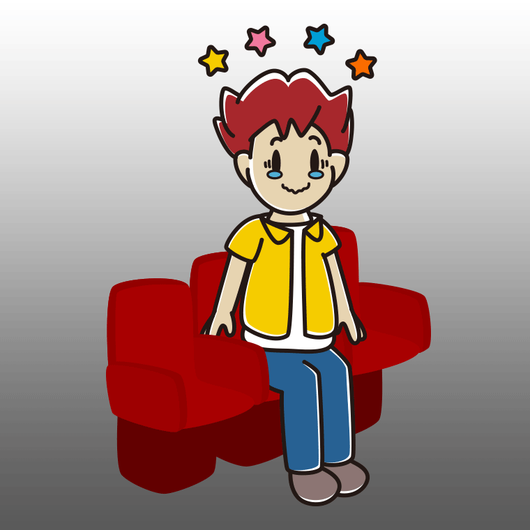 映画館（劇場）でジーンとする男子大学生のイラスト【色、背景あり】PNG