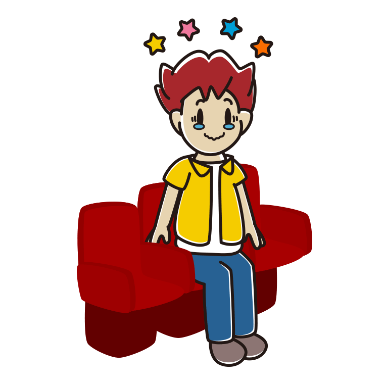 映画館（劇場）でジーンとする男子大学生のイラスト【色あり、背景なし】透過PNG