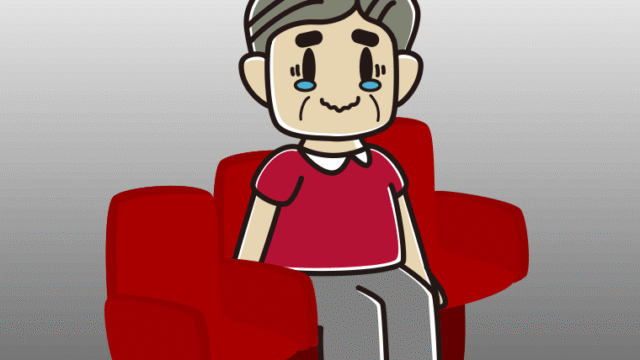 映画館（劇場）でジーンとするおじさんのイラスト【色、背景あり】PNG