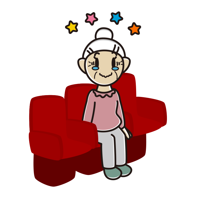 映画館（劇場）でジーンとするおばあさんのイラスト【色あり、背景なし】透過PNG