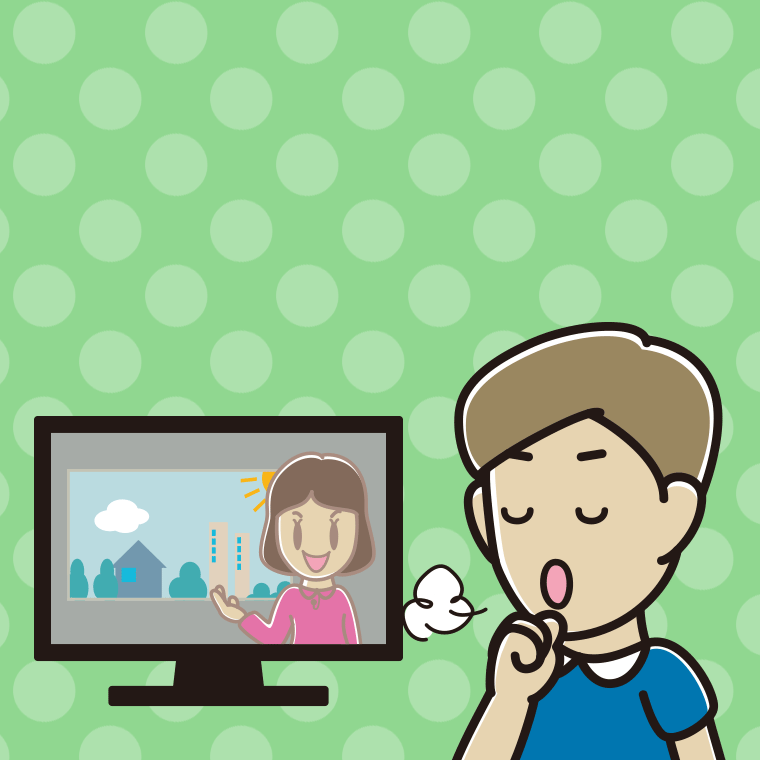 テレビを見ながら咳払いする男性のイラスト【色、背景あり】PNG