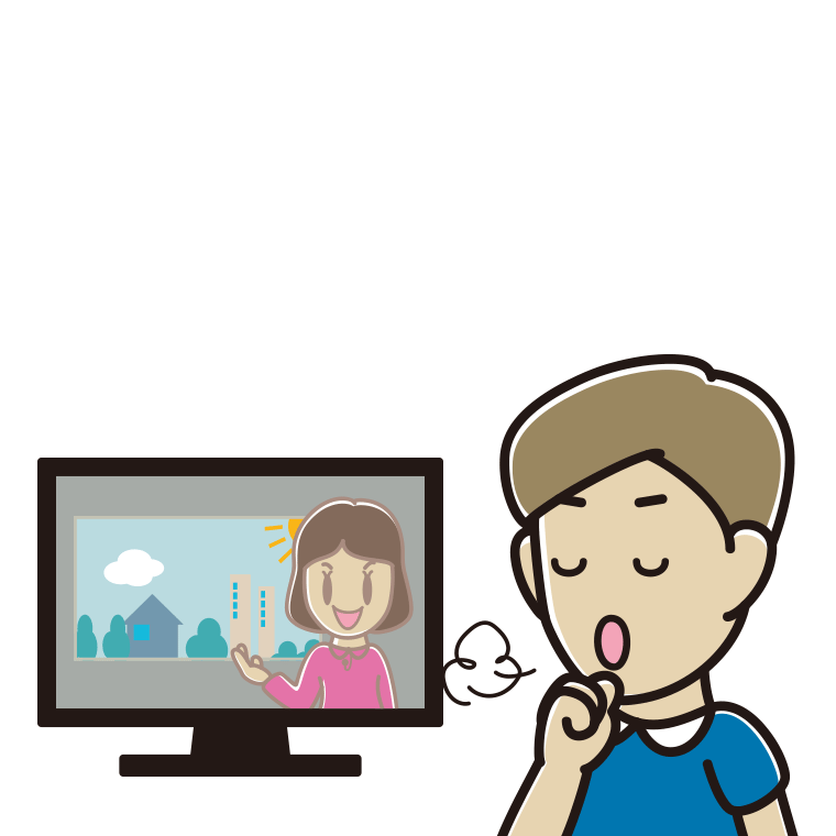 テレビを見ながら咳払いする男性のイラスト【色あり、背景なし】透過PNG