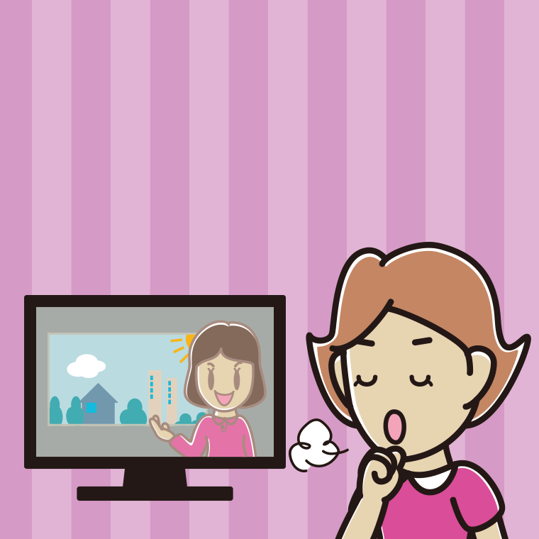 テレビを見ながら咳払いする女性のイラスト【色、背景あり】PNG
