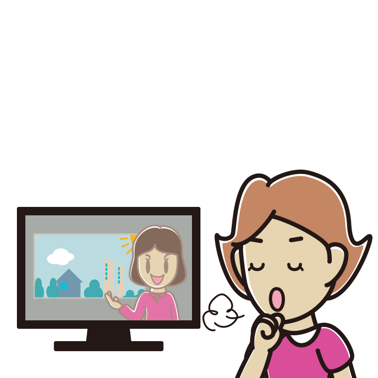 テレビを見ながら咳払いする女性のイラスト【色あり、背景なし】透過PNG