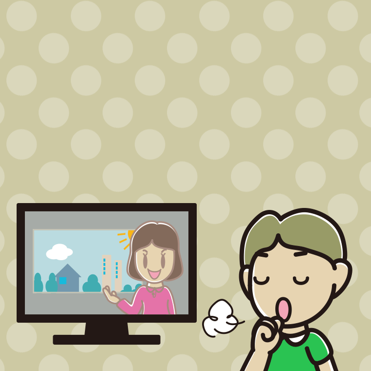 テレビを見ながら咳払いする小学生男子のイラスト【色、背景あり】PNG