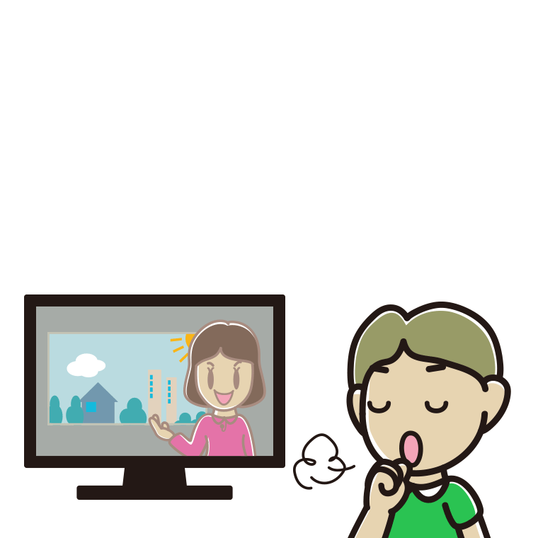 テレビを見ながら咳払いする小学生男子のイラスト【色あり、背景なし】透過PNG