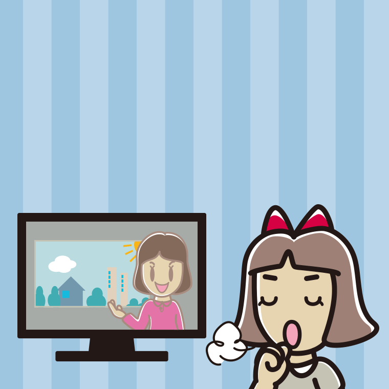 テレビを見ながら咳払いする小学生女子のイラスト【色、背景あり】PNG