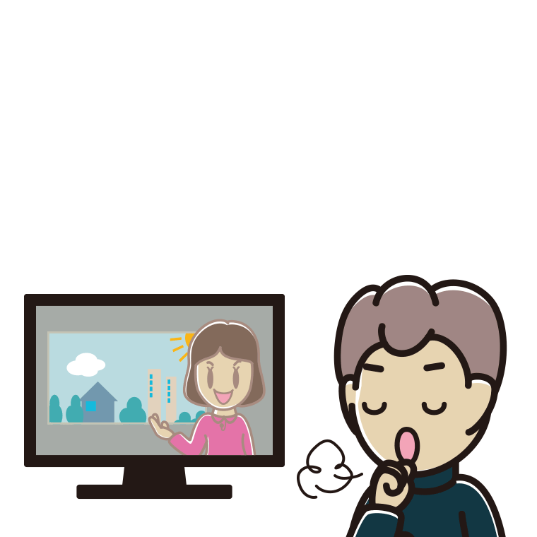 テレビを見ながら咳払いする男子中学生のイラスト【色あり、背景なし】透過PNG