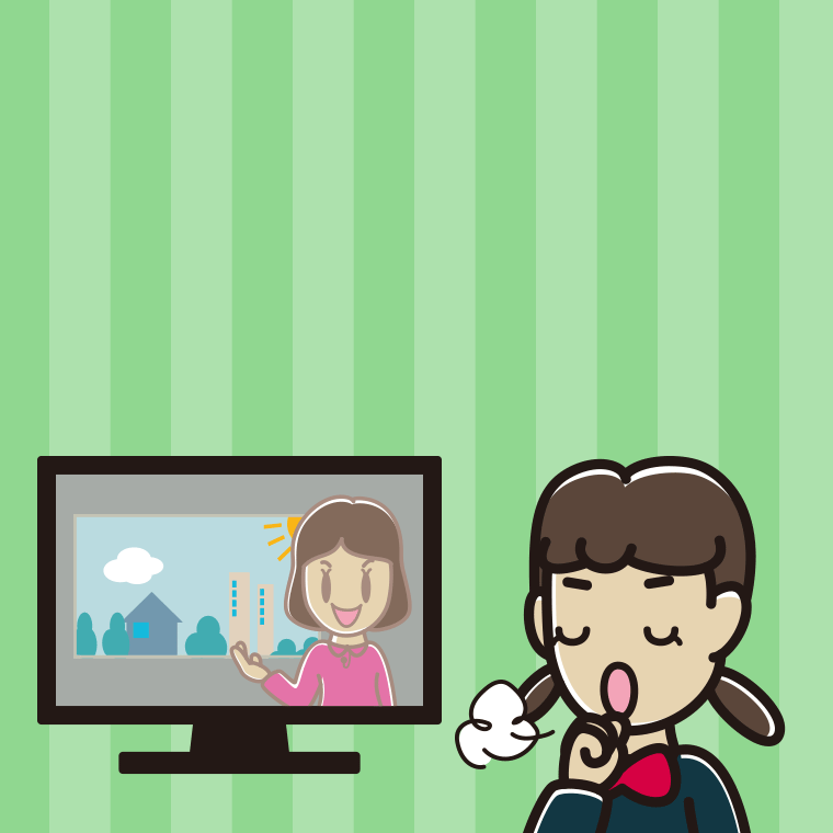 テレビを見ながら咳払いする女子中学生のイラスト【色、背景あり】PNG