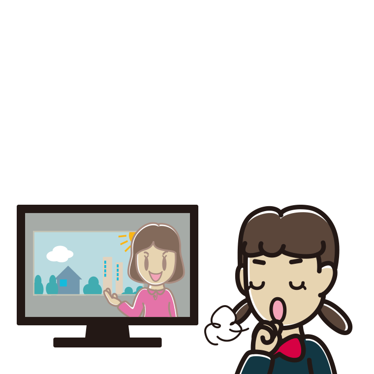 テレビを見ながら咳払いする女子中学生のイラスト【色あり、背景なし】透過PNG