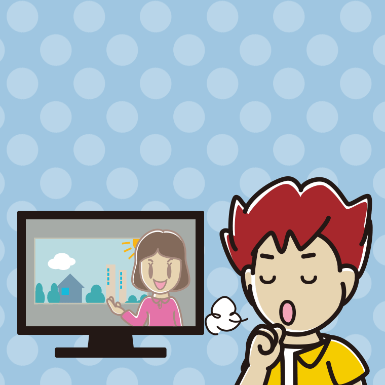 テレビを見ながら咳払いする男子大学生のイラスト【色、背景あり】PNG