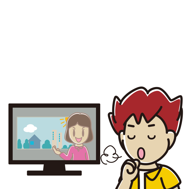 テレビを見ながら咳払いする男子大学生のイラスト【色あり、背景なし】透過PNG