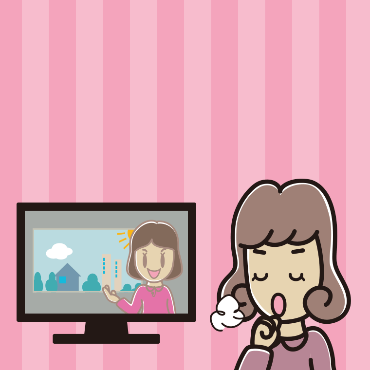 テレビを見ながら咳払いする女子大学生のイラスト【色、背景あり】PNG