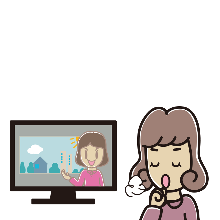 テレビを見ながら咳払いする女子大学生のイラスト【色あり、背景なし】透過PNG