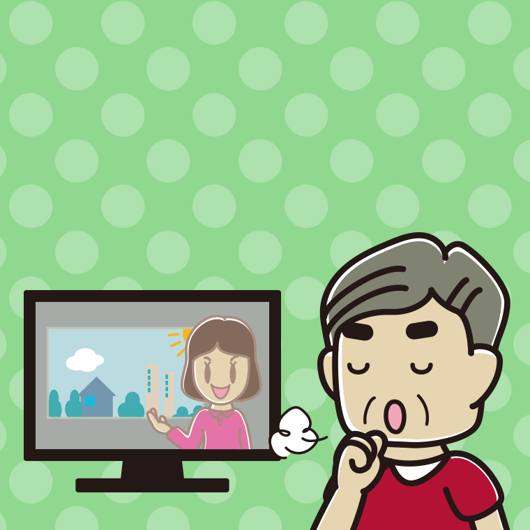 テレビを見ながら咳払いするおじさんのイラスト【色、背景あり】PNG