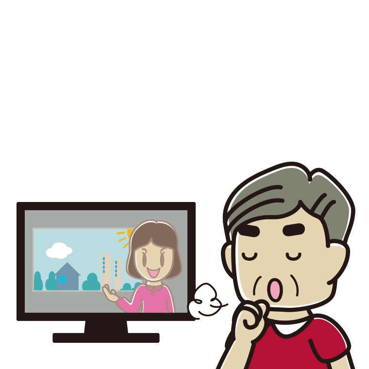 テレビを見ながら咳払いするおじさんのイラスト【色あり、背景なし】透過PNG