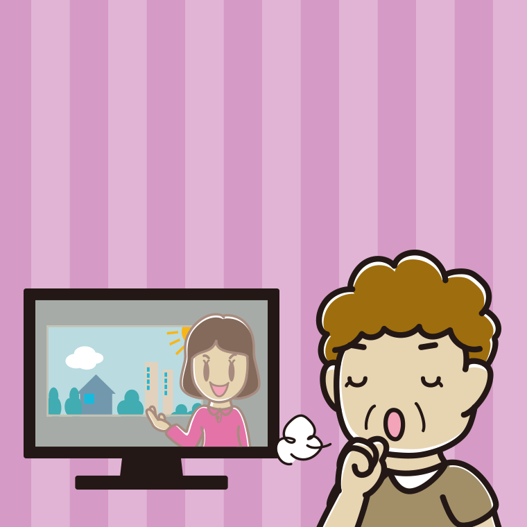 テレビを見ながら咳払いするおばさんのイラスト【色、背景あり】PNG