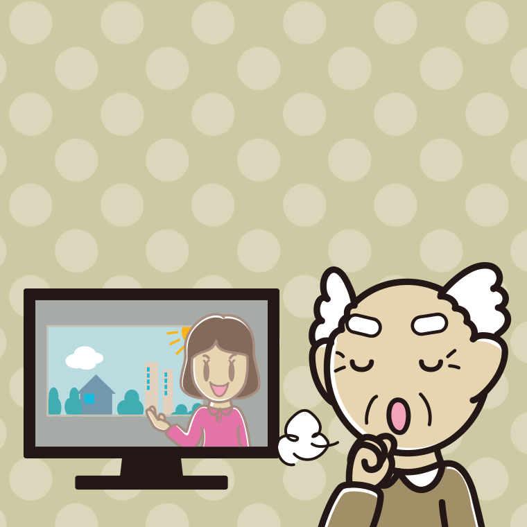 テレビを見ながら咳払いするおじいさんのイラスト【色、背景あり】PNG