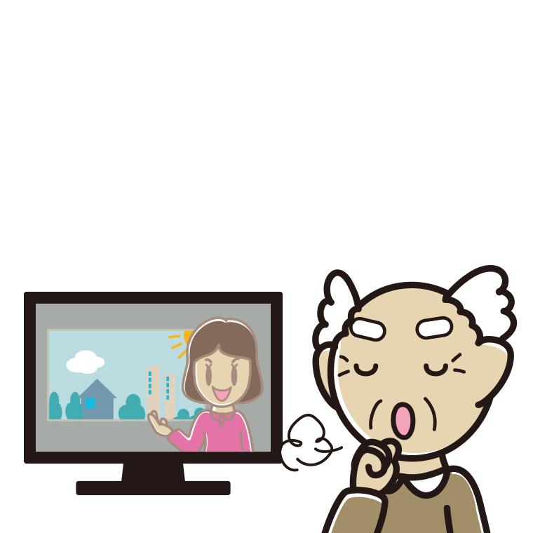 テレビを見ながら咳払いするおじいさんのイラスト【色あり、背景なし】透過PNG