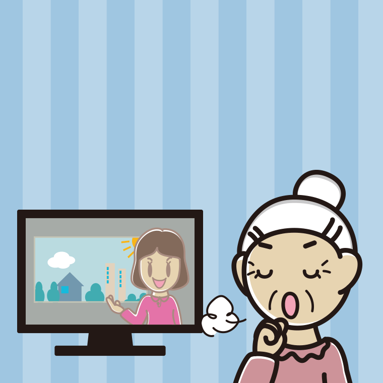 テレビを見ながら咳払いするおばあさんのイラスト【色、背景あり】PNG