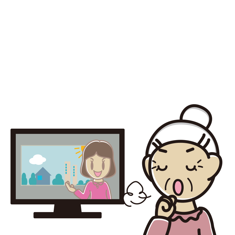 テレビを見ながら咳払いするおばあさんのイラスト【色あり、背景なし】透過PNG