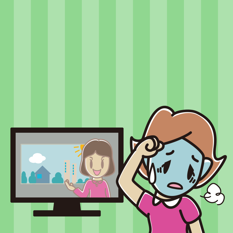 テレビを見て具合が悪い女性のイラスト【色、背景あり】PNG