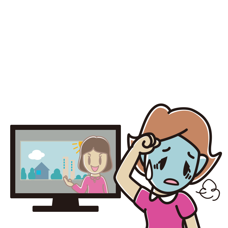 テレビを見て具合が悪い女性のイラスト【色あり、背景なし】透過PNG