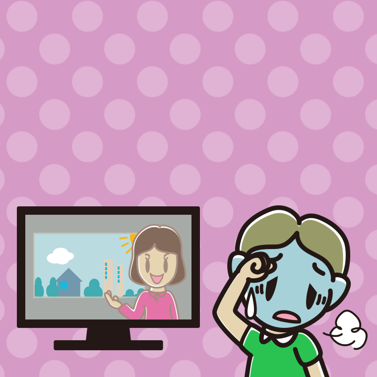 テレビを見て具合が悪い小学生男子のイラスト【色、背景あり】PNG