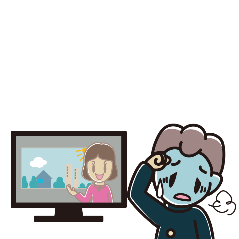 テレビを見て具合が悪い男子中学生のイラスト【色あり、背景なし】透過PNG