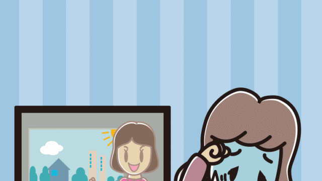 テレビを見て具合が悪い女子大学生のイラスト【色、背景あり】PNG