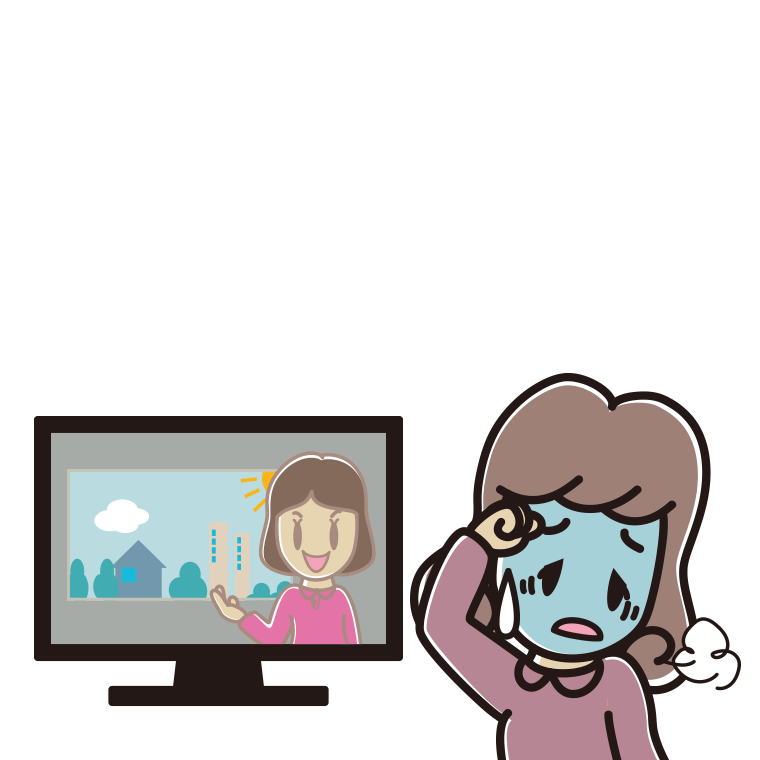 テレビを見て具合が悪い女子大学生のイラスト【色あり、背景なし】透過PNG