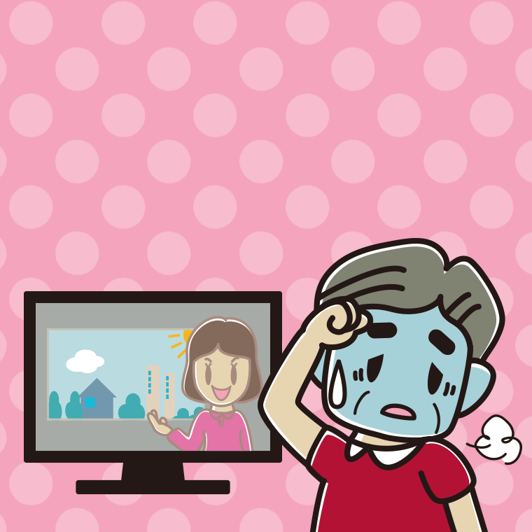 テレビを見て具合が悪いおじさんのイラスト【色、背景あり】PNG