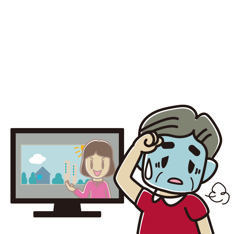 テレビを見て具合が悪いおじさんのイラスト【色あり、背景なし】透過PNG