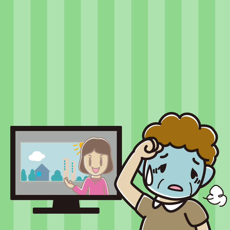 テレビを見て具合が悪いおばさんのイラスト【色、背景あり】PNG