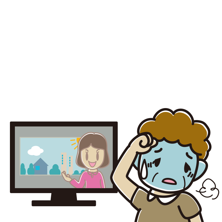 テレビを見て具合が悪いおばさんのイラスト【色あり、背景なし】透過PNG