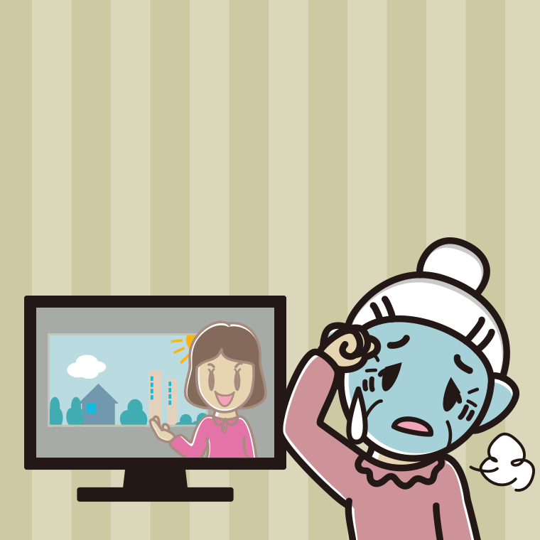 テレビを見て具合が悪いおばあさんのイラスト【色、背景あり】PNG