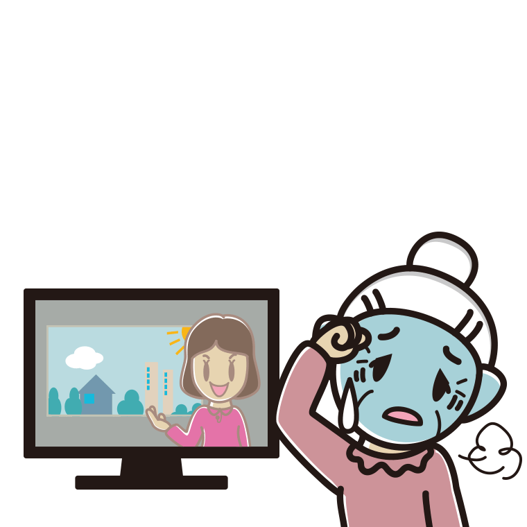 テレビを見て具合が悪いおばあさんのイラスト【色あり、背景なし】透過PNG