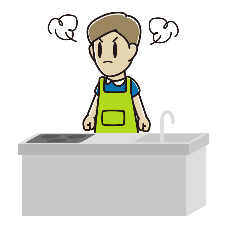 キッチンで怒る男性のイラスト【色あり、背景なし】透過PNG