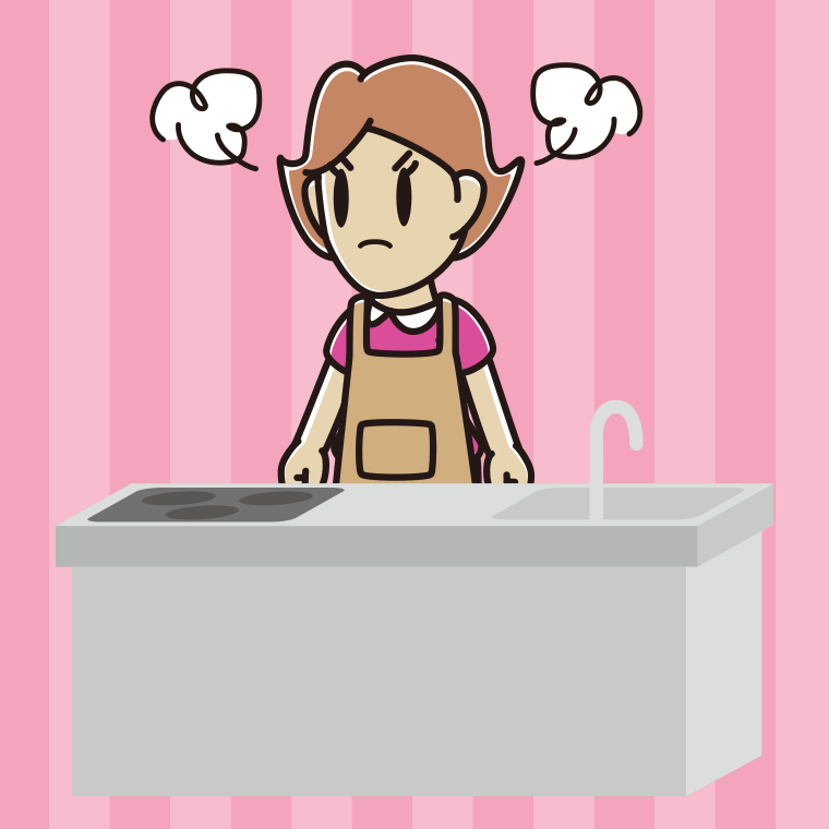 キッチンで怒る女性のイラスト【色、背景あり】PNG