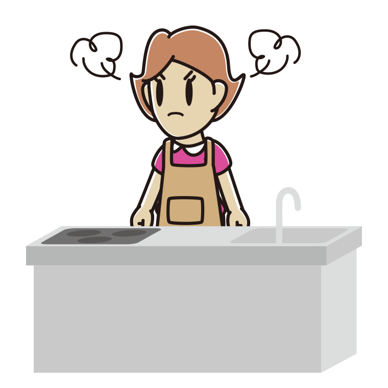 キッチンで怒る女性のイラスト【色あり、背景なし】透過PNG