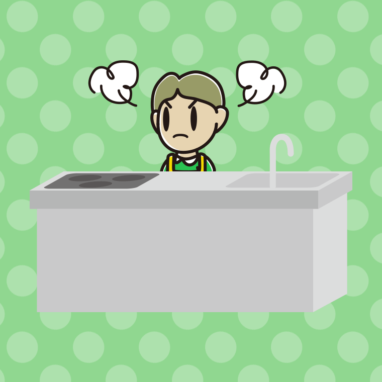 キッチンで怒る小学生男子のイラスト【色、背景あり】PNG