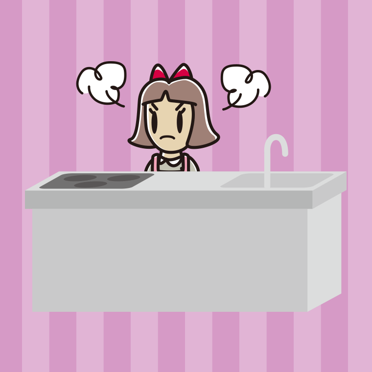 キッチンで怒る小学生女子のイラスト【色、背景あり】PNG